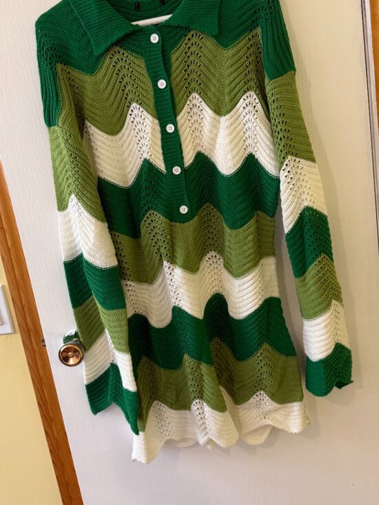 Green Chevron Knit Collared Sweater Dress Sz L - Picture 2 of 5
